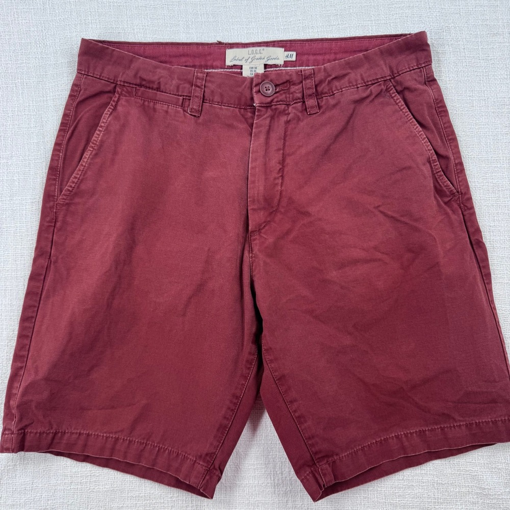 H&M LOGG Men's 30 Burgundy Maroon Chino Shorts Herringbone Twill Cotton Casual